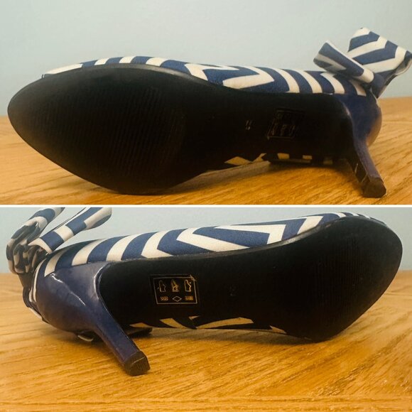 J Renee Open Toe Pumps Blue White Bow And Zigzag Stripes Peep Toe Heels Size 6.5 - Picture 10 of 11